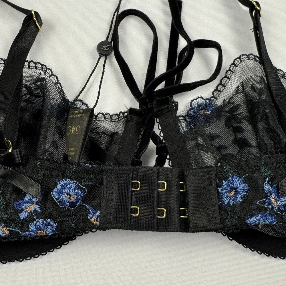 Fredericks Of Hollywood Womens Harlow Embroidered Mesh‎ Tie Front Bra Black 34 C